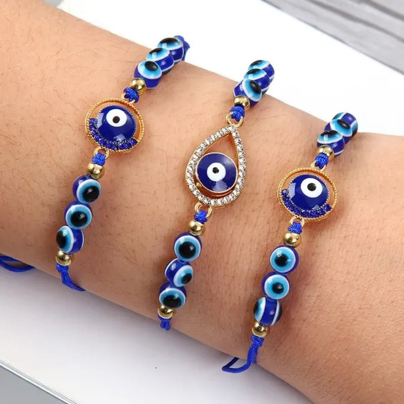 12 Pcs/Set Bohemian Handmade Braided Rope Charm Bracelets Rhinestone Blue Round Beads Evil Eye Bracelet  for Women Men Friendship Jewelry Gifts