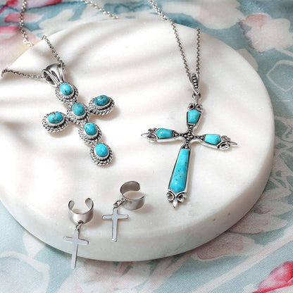 South Western Style Stabilized Turquoise Rope Bezel Set Cross Pendant Necklace for Women .925 Sterling Silver More Colors
