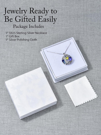 Mothers Day Gifts for Women 925 Sterling Silver Family Tree of Life Pendant Necklaces with 2 Heart Birthstone with Blue round Austrian Crystal Jewelry Birthday Anniversary Christmas Gifts for Her Wife Girlfriend Mom (18K Real White Gold Filled)