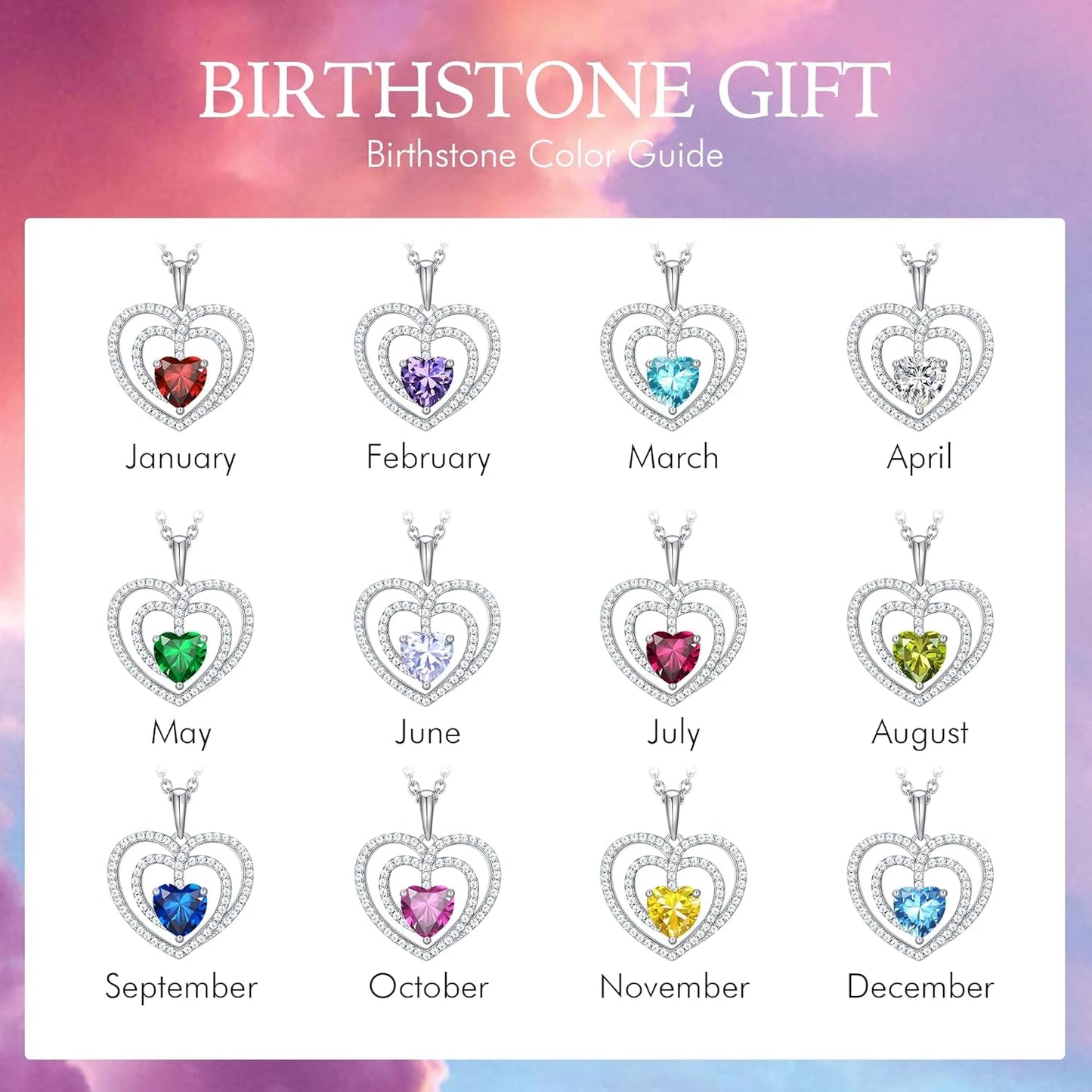 925 Sterling Silver Birthstone Necklaces for Women round Heart Cut Halo CZ Pendant Chain Necklace for Her