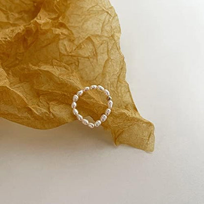 Stretch Freshwater Pearl Rings with 14K Gold Plated Beaded Adjustable Stackable Rings Holiday Gift for Women Girls