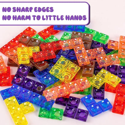 Wooden Blocks Puzzle Brain Teasers Toy, Intelligent Colorful 3D Plastic Blocks Game with Vertical Wood Frame Game Board, Tangram Educational Montessori Toys Gift for Kids Age 4-8 Years Old