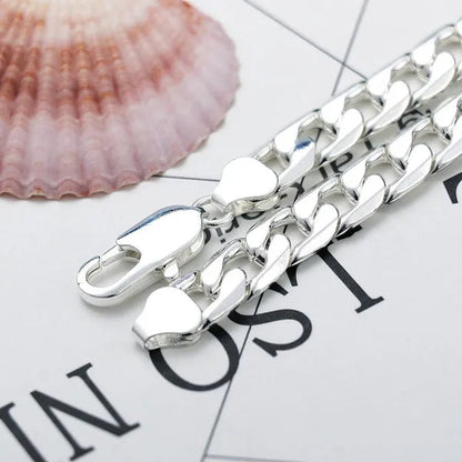 2PCS (Bracelet + Necklace) 925 Sterling Silver Women Men Fashion Jewelry Set Curb Chain Necklace Bracelet 925 Silver Jewelry High Quality Necklace Bracelet 16-30 inches