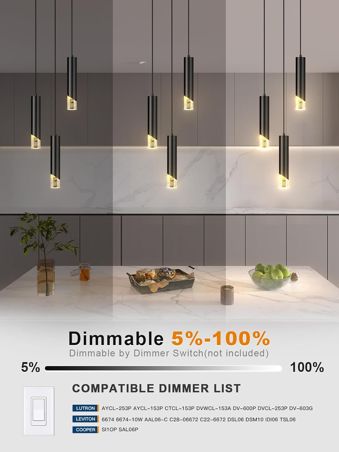 Modern Pendant Lights, 3-Lights Crystal Pendant Lighting for Kitchen Island, Dimmable Hanging Light Fixture with Adjustable Height for Kitchen, Dining Room, Bedroom (3-Lights, Black)