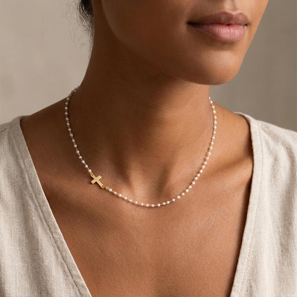 Pearl Cross Necklace for Women – 14K Gold Plated Faith Religious Jewelry