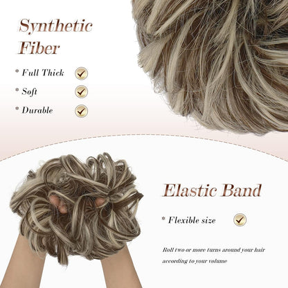 Messy Bun Hair Piece - Elastic Wavy Curly Hair Bun Scrunchies Extensions Synthetic Chignon Hairpieces for Women Girls, Golden Brown & Bleach Blonde 1 PCS