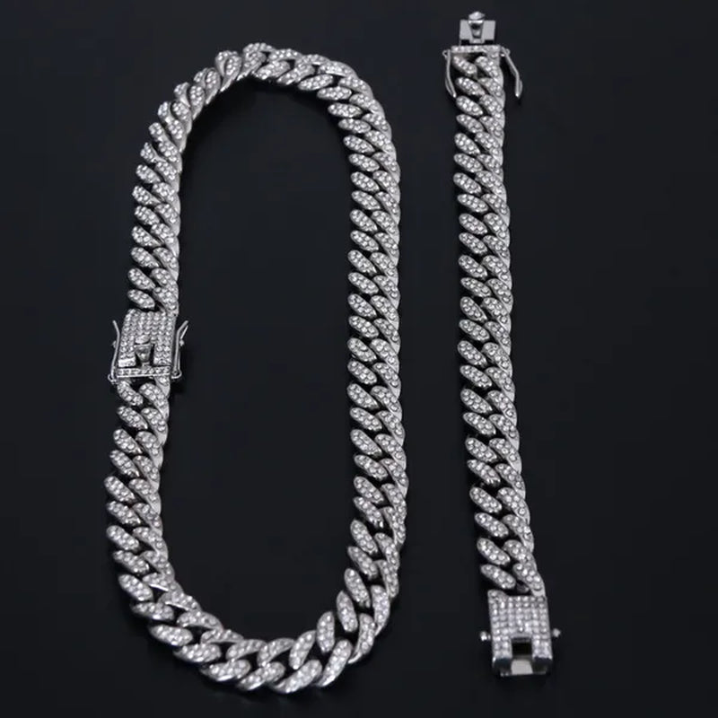 Men's Hip Hop Iced Out Paved Rhinestones 13MM Gold/Silver/Rose Gold Full Miami Curb Cuban Chain Bling Necklace Bracelet Set Jewelry Gifts