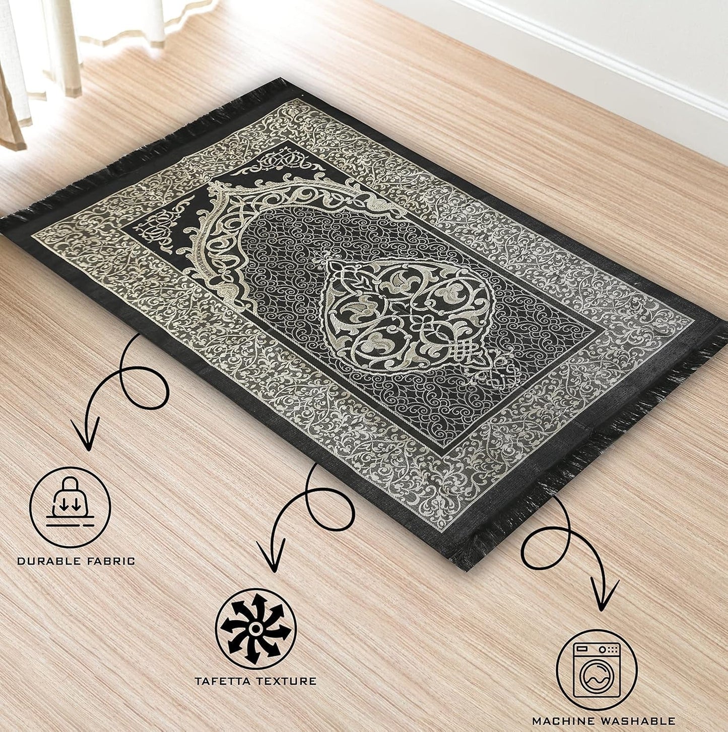 Muslim Prayer Rug Prayer Beads Kufi Hat for Men and Women 100% Breathable Black Skull Beanie Traditional Desing Prayer Mat Eid Ramadan Gifts Islamic Set Salah Mat Taffeta Fabric Soft (Black)