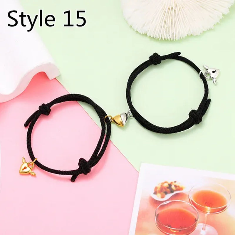 2Pcs Magnetic Bracelet Stainless Steel Heart Pendant Charm Couple Bracelets for Lover Friend Men Women Braid Rope Bracelets
