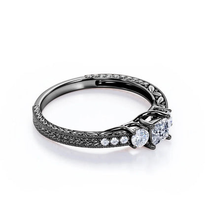 Vintage Half Carat Princess Cut Diamond - Channel Set Band - Edwardian Gothic Engagement Ring in 10K Black Gold