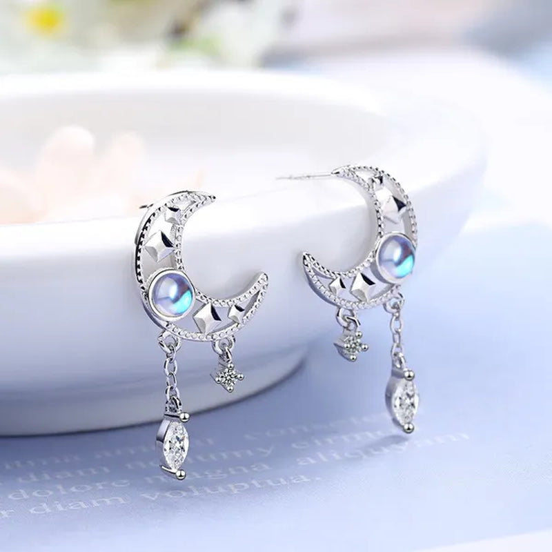 925 Sterling Silver Hollow Moon Zircon Tassel Dangle Earring Elegant Colorful Moonstone Earring for Women Jewelry