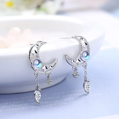 925 Sterling Silver Hollow Moon Zircon Tassel Dangle Earring Elegant Colorful Moonstone Earring for Women Jewelry