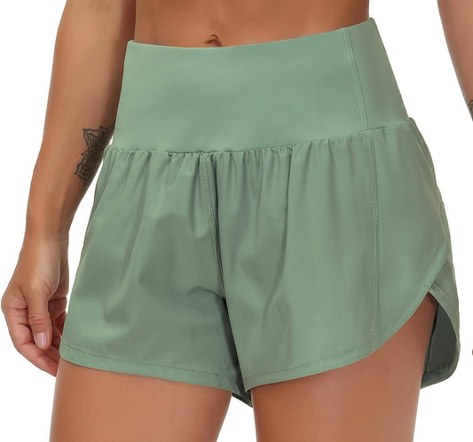 Womens High Waisted Running Shorts Quick Dry Athletic Workout Shorts with Mesh Liner Zipper Pockets