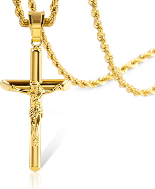 Sterling Silver Plated Cross Necklace for Men Gold Plated Cross Necklaces for Women Trendy Stainless Steel Crucifix Pendant with 3Mm 21Inch Rope Chain - WORLD TIME VISITS