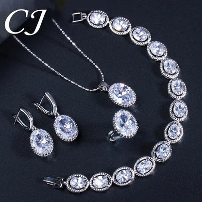 CANDICE European Clear Oval CZ Stone Necklace Earrings Tennis Bracelet Ring for Women Fashionable Sterling Silver Plated Plated Party Jewelry Set