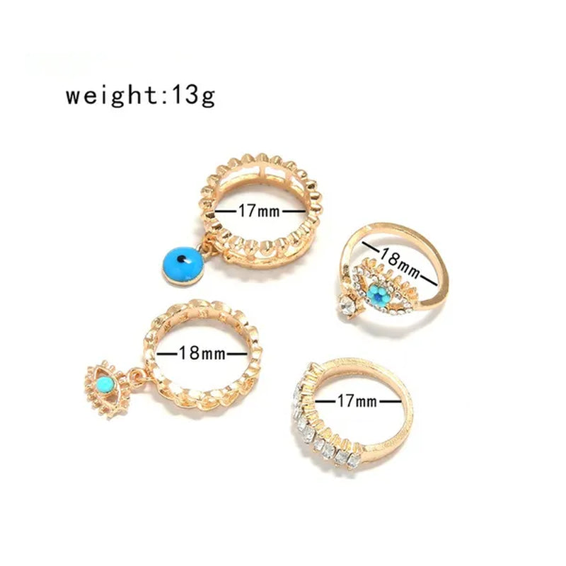 4 Pcs/Sets New Fashion Diamond Set Hollow Ring Vintage Evil Eye Finger Ring for Girl Women Jewelry Accessories