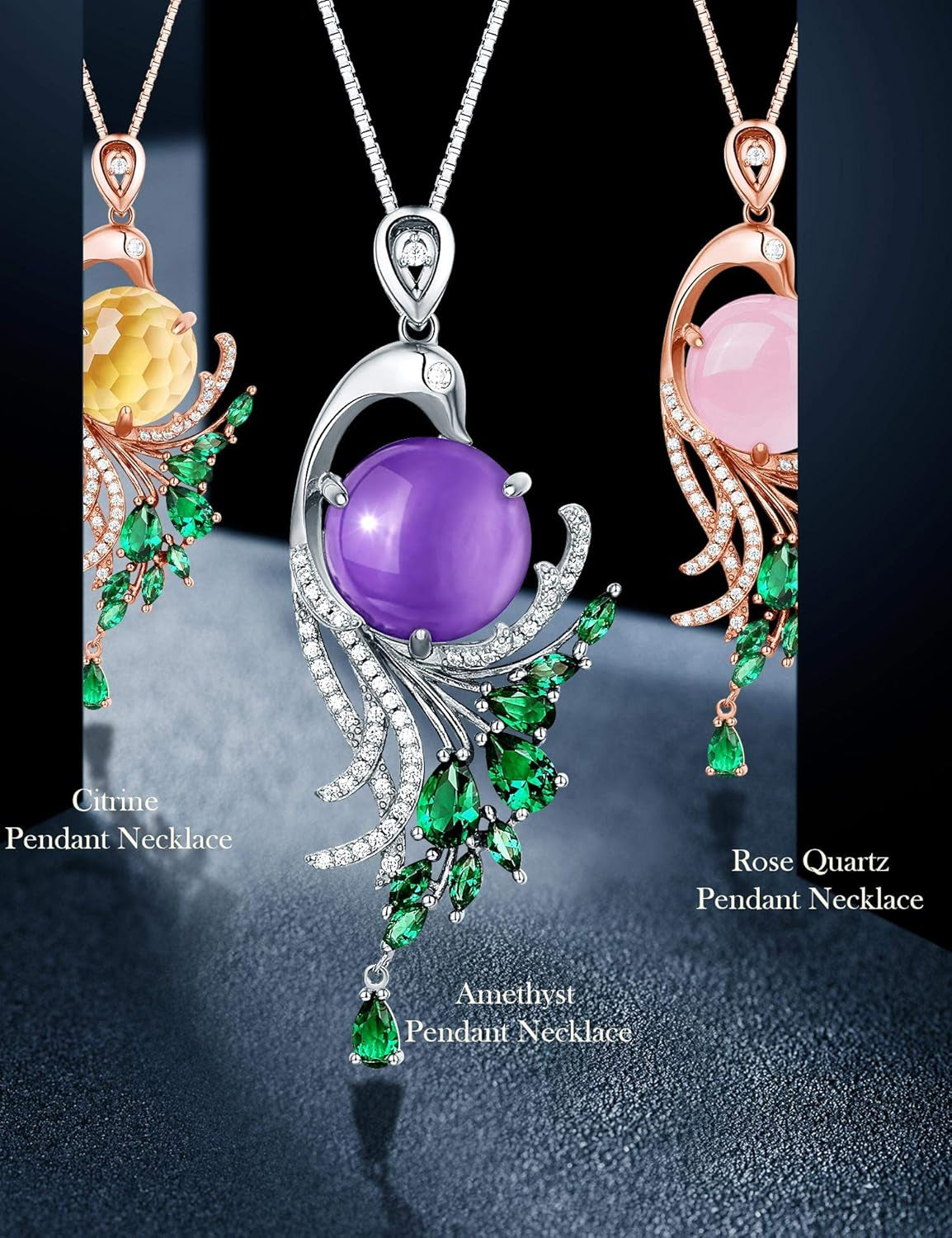 Fine Jewelry Sterling Silver Amethyst or Rose Quartz Natural Gemstone Pendant Necklace Gifts for Women