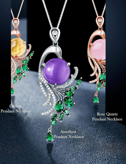 Fine Jewelry Sterling Silver Amethyst or Rose Quartz Natural Gemstone Pendant Necklace Gifts for Women