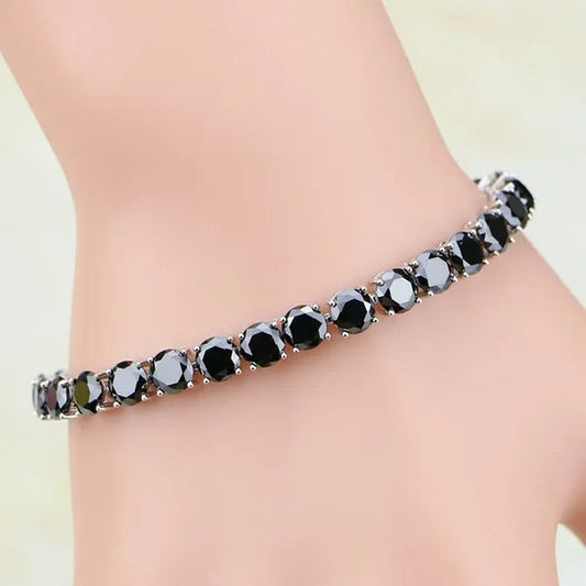 925 Sterling Silver Jewelry Black Sapphire White Topaz Round Link Chain Bracelet 7 inch For Women Wedding Free Gift Box - WORLD TIME VISITS