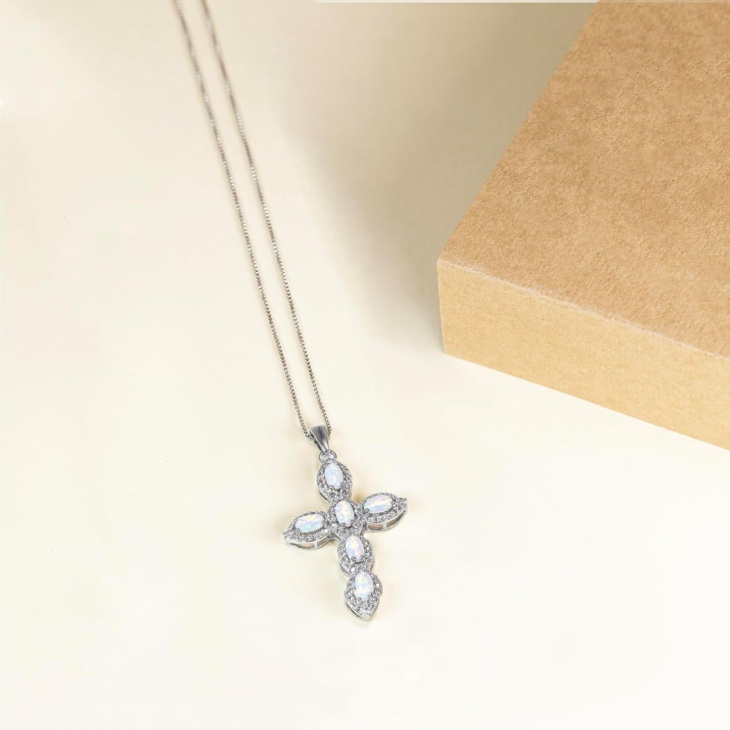 Cross Pendant Necklace in Sterling Silver with Oval Shape Created Opal or Created Ruby or Created Pink Sapphire and round Created White Sapphire, 18” Box Chain