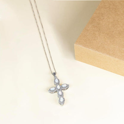 Cross Pendant Necklace in Sterling Silver with Oval Shape Created Opal or Created Ruby or Created Pink Sapphire and round Created White Sapphire, 18” Box Chain