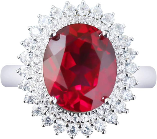 925 Sterling Silver Created Ruby Red Gemstone Index and Mid Finger Cocktail Vintage Ring for Women Oval Shape