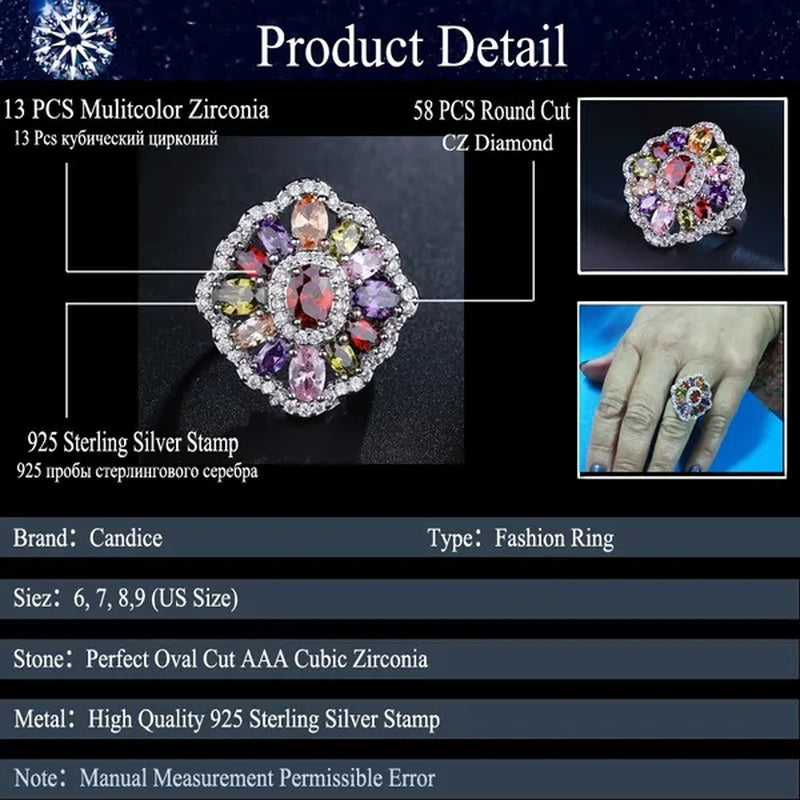 CANDICE Women Fashion Sterling Silver Plated Jewelry Summer New Design Paved Pink Purple Green Zircon Bling Lady Big Finger Rings（US SIZE 6-9）