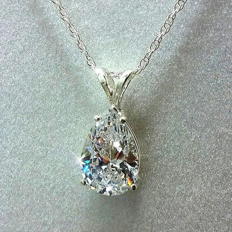 Fashion Jewelry Water Drop White Sapphire 925 Sterling Silver Pendant Necklace - WORLD TIME VISITS