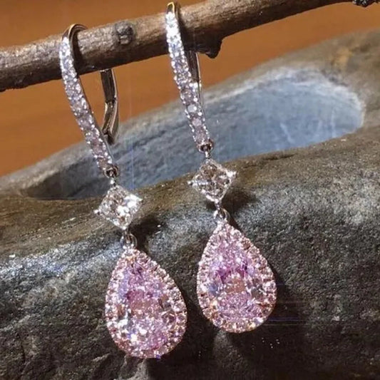 Fashion Bridal Wedding Earrings 925 Sterling Silver Teardrop Pink Sapphire Dangle Earrings for Women Jewelry
