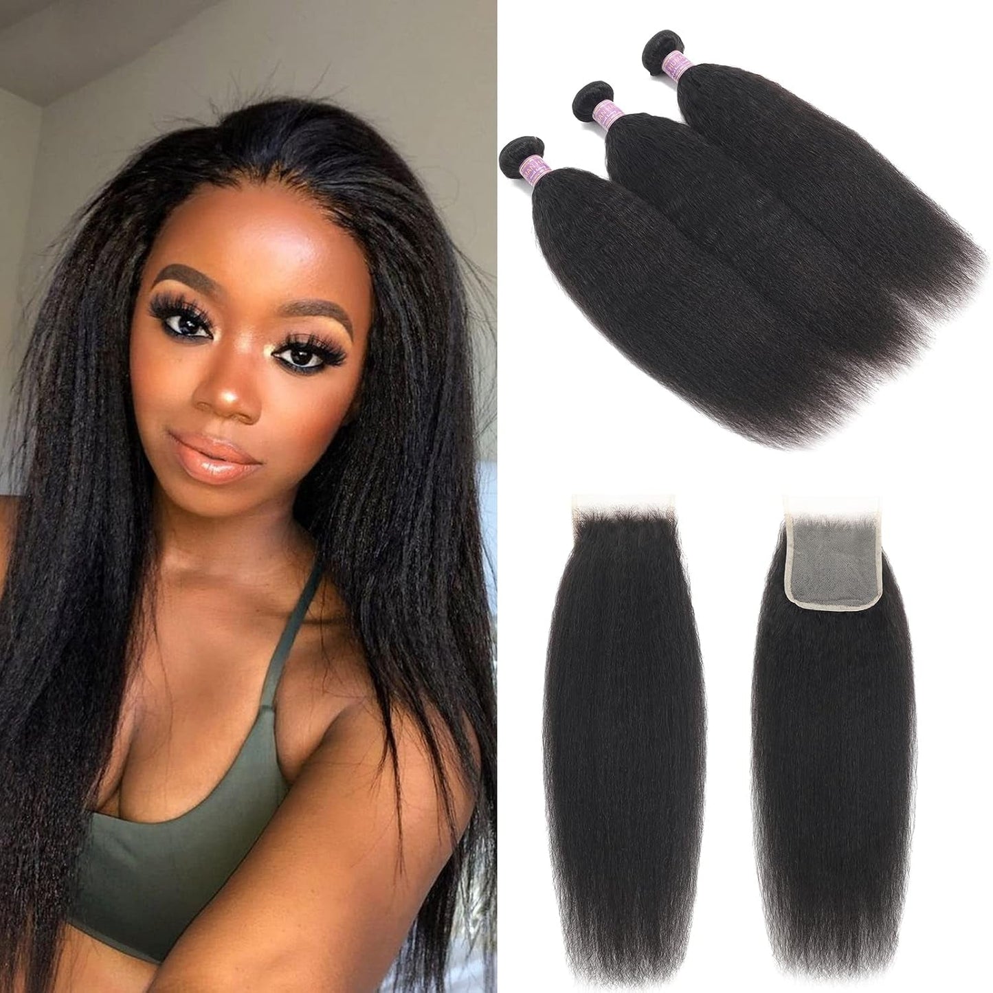 Kinky Straight Human Hair 3 Bundles with 4X4 Lace Closure Free Part 100% Unprocessed Brazilian Remy Yaki Straight Human Hair Extensions with Closure,Natural Black (12 12 12+10Closure)