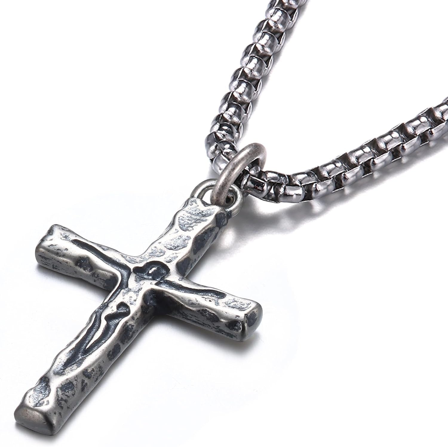 925 Sterling Silver Cross Crucifix Necklace Men - Sterling Silver Carved Jesus Cross Pendant with Stainless Steel Box Chain Catholic Necklaces Christian Jewelry for Mens Women 18-26 Inch - WORLD TIME VISITS