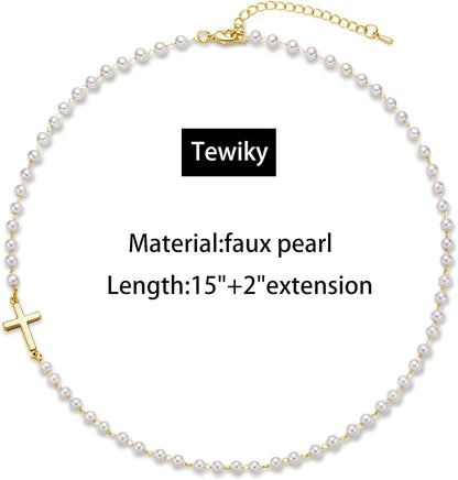 14K Gold Plated Cross Necklace for Women, Gold Pearl Necklace with Cross Pendant Dainty Cross Choker Necklace Trendy Faith Jewelry Religious Gifts