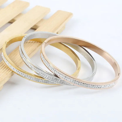 3 Colors Rose Gold Silver Two Row Crystal Rhinestone Pave Stainless Steel Bracelets Bangles for Women Girl Gifts