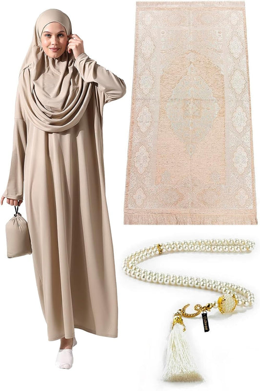 Muslim Dresses for Women, One-Piece Prayer Dress & Prayer Rug & Beads, Islamic Gift Set for Eid Ramadan