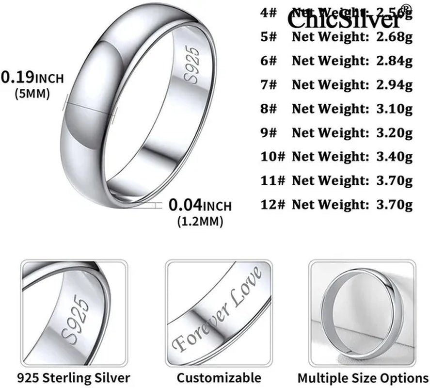 ChicSilver 5mm 925 Sterling Silver Ring Classic Eternity Wedding Band Comfort Fit for Men Women High Polished