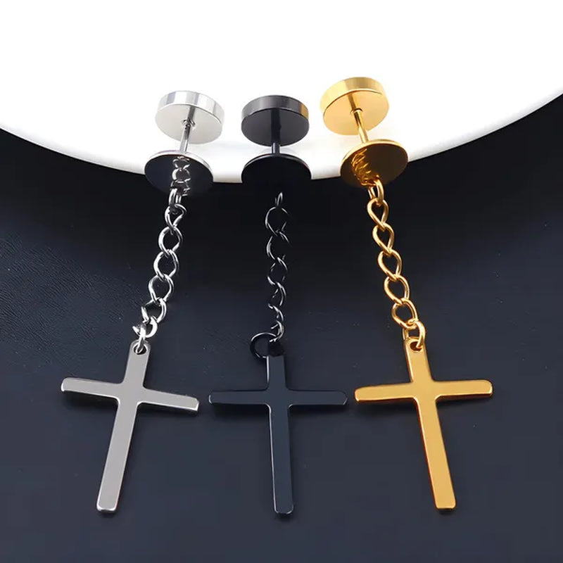 2PCS Stainless Steel Stud Earring Cross round Fake Ear Taper Dumbbell Unisex