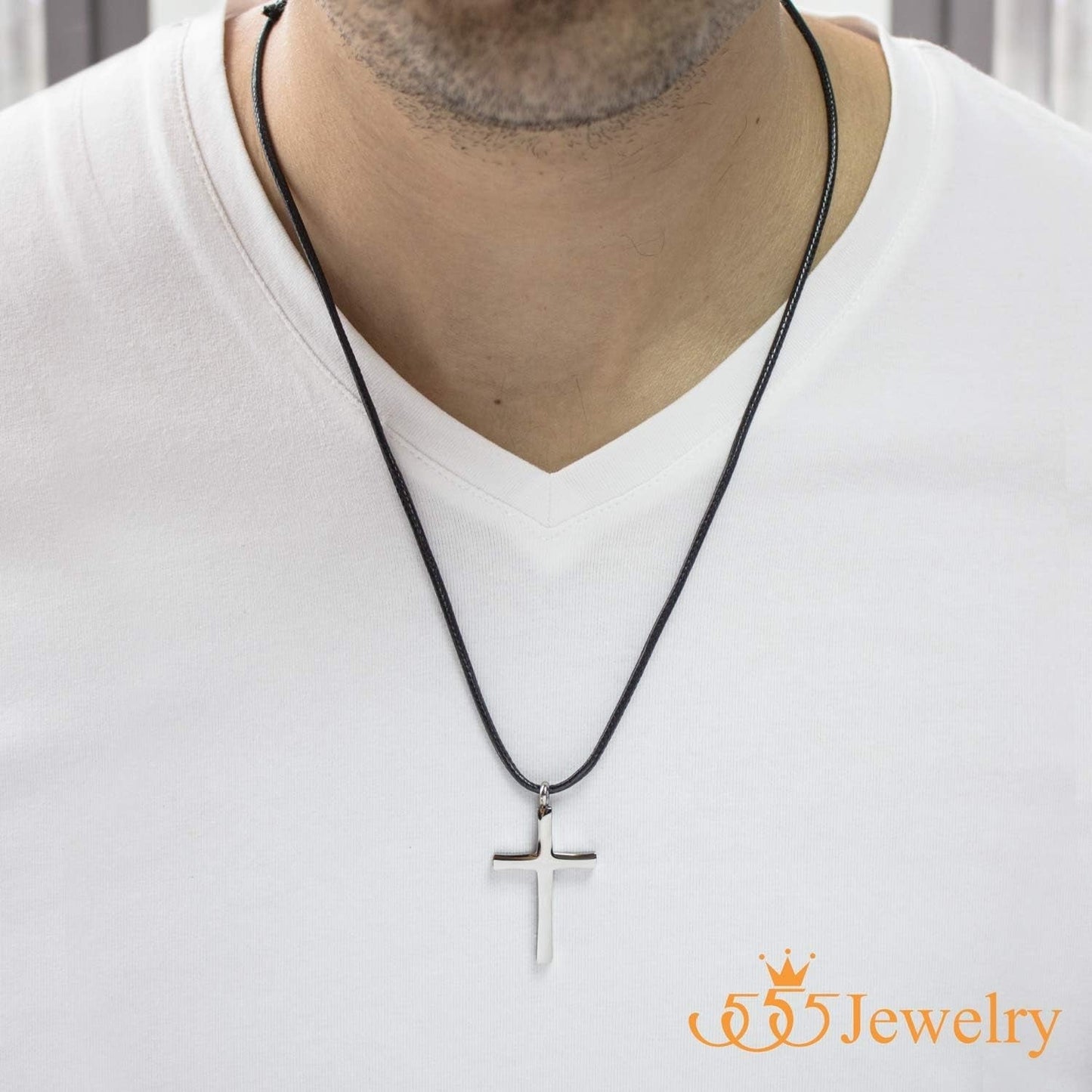 Stainless Steel Cross Necklace for Men - Cross Pendant with 18 Inch Adjustable Black Rope Cord - Mens Cross Necklaces