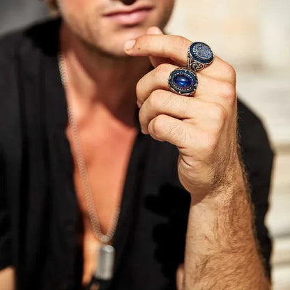 Hand Engraved 925 Sterling Silver Blue Sapphire Ring Fine Jewelry Fashion Accessory Rings For Men Gift For Him