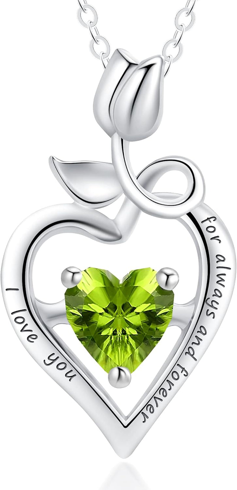 Fine Jewelry Birthstone Natural Peridot Necklace Sterling Silver Rose Flower Heart Gemstone Pendant Anniversary Birthday Gifts for Women Her Girls Wife Mom