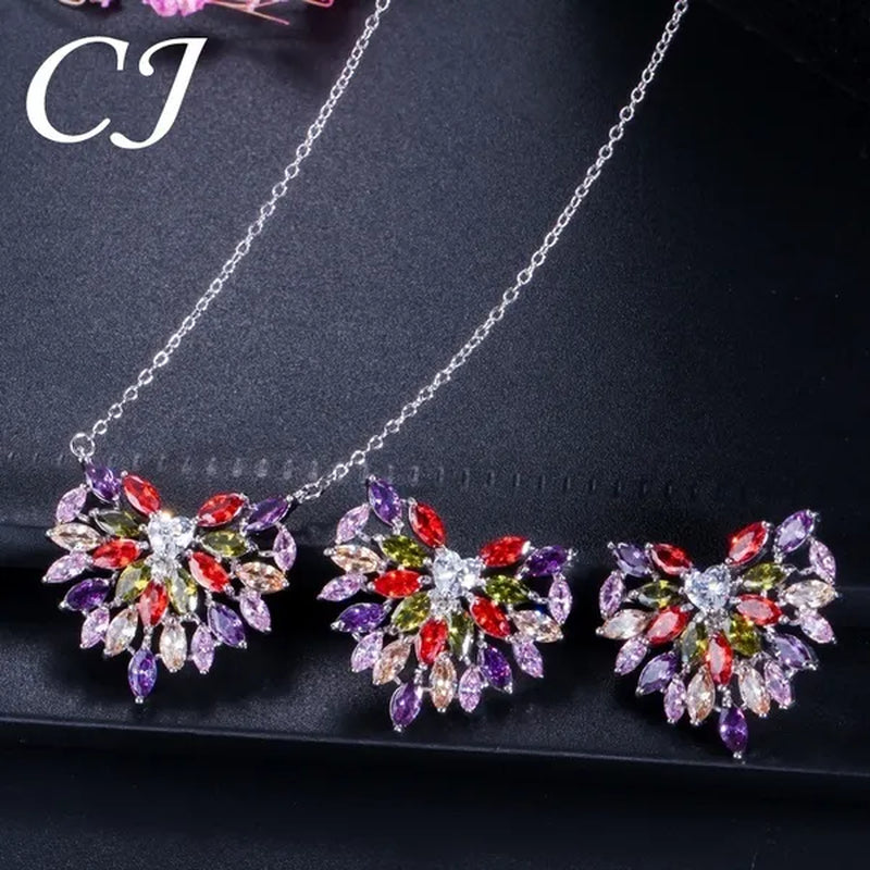 CANDICE New Fashion Women Heart Pendant Jewelry Set Pave Purple Red Green Marquise Cubic Zirconia Party Chain Necklace Big Stud Earrings Sets for Girls Gift - WORLD TIME VISITS