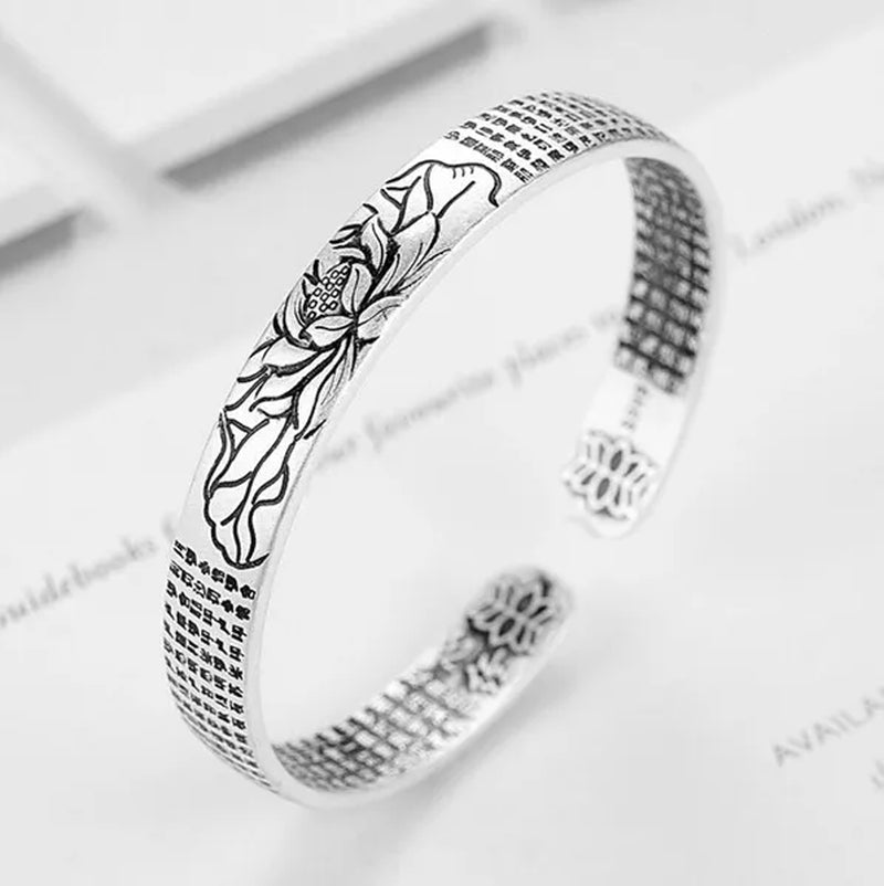 Vintage 925 Sterling Silver Amulet Buddha Lotus Baltic Buddhist Scriptures Thai Silver Cuff Bracelets & Bangles