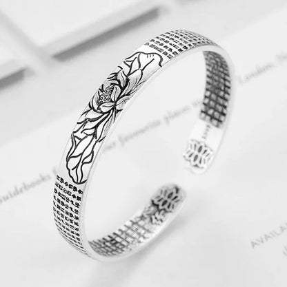Vintage 925 Sterling Silver Amulet Buddha Lotus Baltic Buddhist Scriptures Thai Silver Cuff Bracelets & Bangles
