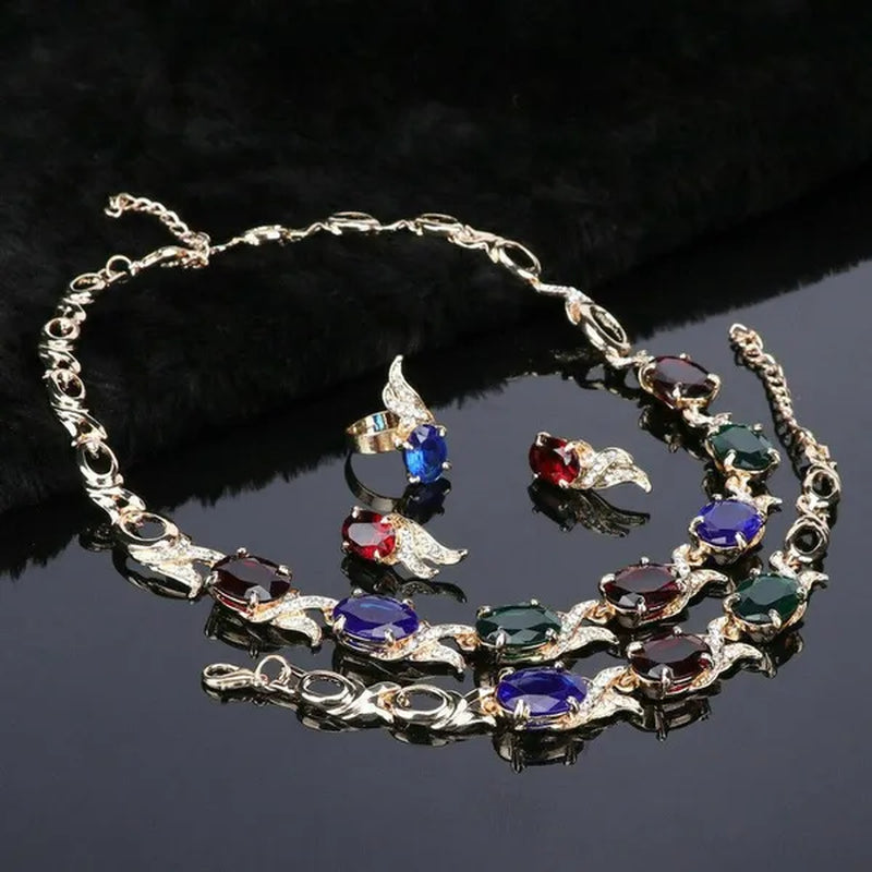 Women Gold Plated Crystal Zircon Ruby Pendant Wedding Party Necklace Bracelet Ring Earring Jewelry Sets
