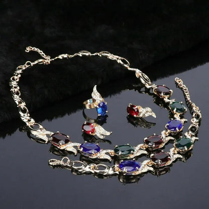 Women Gold Plated Crystal Zircon Ruby Pendant Wedding Party Necklace Bracelet Ring Earring Jewelry Sets