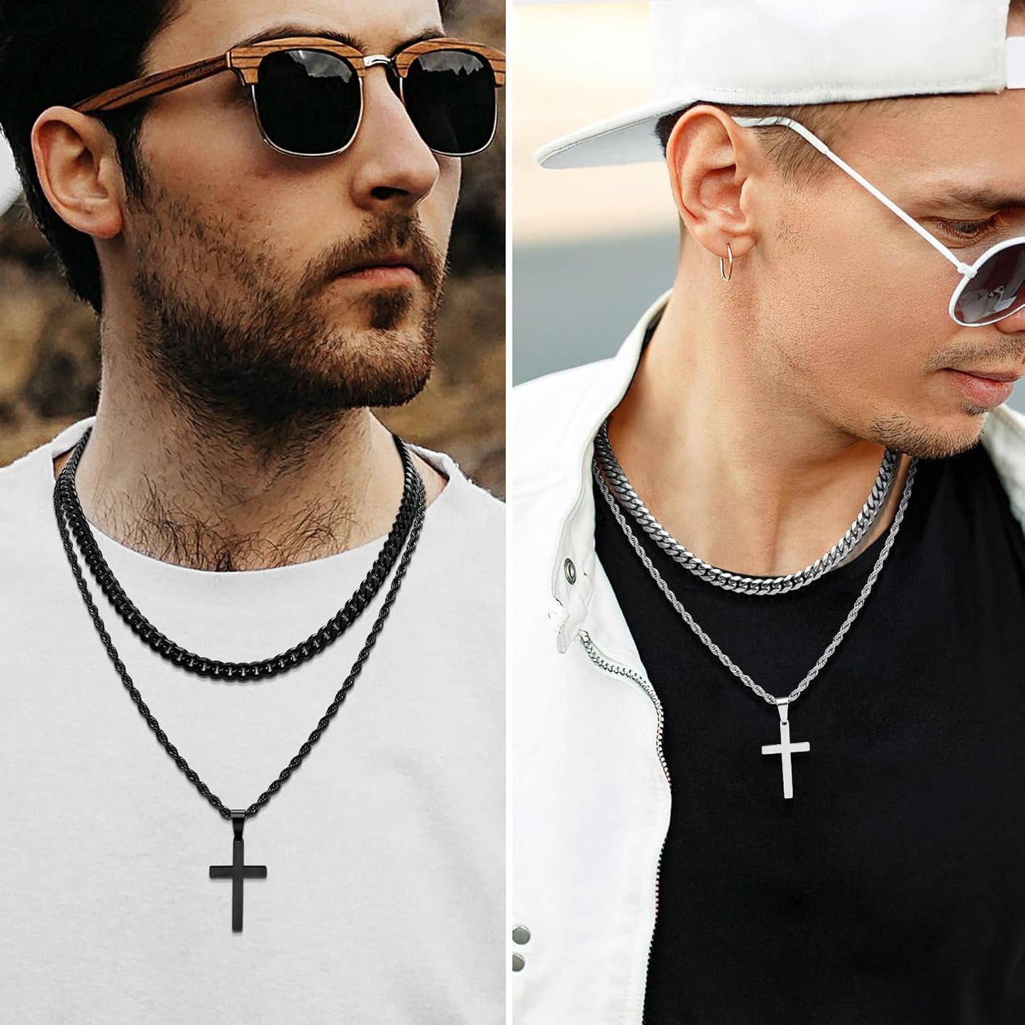 4Pcs Cross Necklace for Men,Stainless Steel Chains for Men Layered Necklaces Silver Gold Black Pendant Jewelry Box Gifts 18-24 Inches