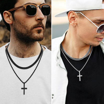 4Pcs Cross Necklace for Men,Stainless Steel Chains for Men Layered Necklaces Silver Gold Black Pendant Jewelry Box Gifts 18-24 Inches