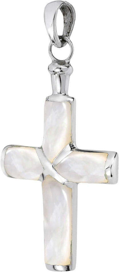 Christian Cross White Mother of Pearl Inlay .925 Sterling Silver Pendant | Mother of Pearl Christian Cross Pendant for Women | DIY Cross Charm