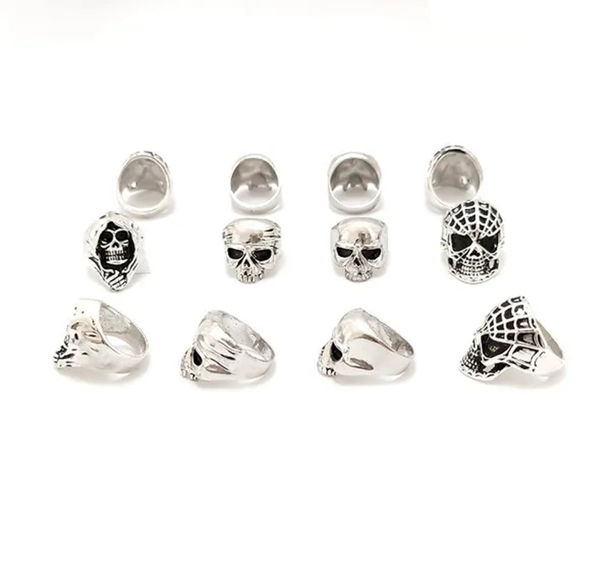 4 Pcs Silver Plated Gothic Rings | Sterling Silver Skull Rings | Grim Reaper Rings | Spider Rings For Men | Biker Rings