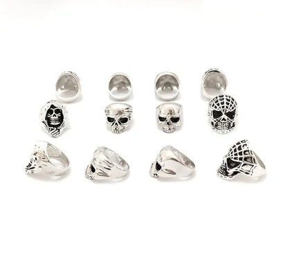 4 Pcs Silver Plated Gothic Rings | Sterling Silver Skull Rings | Grim Reaper Rings | Spider Rings For Men | Biker Rings
