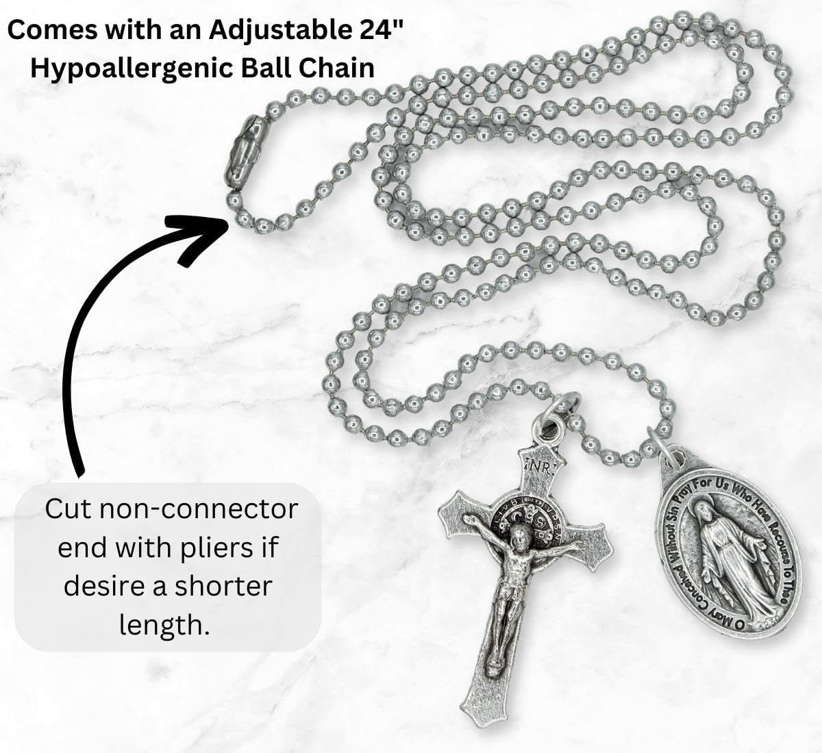 Catholic Necklace St Benedict Crucifix and Miraculous Medal Hypoallergenic Necklace on 24" Ball Chain - Jesus Mary Chain Catholic Necklace for Men, Women, Adults